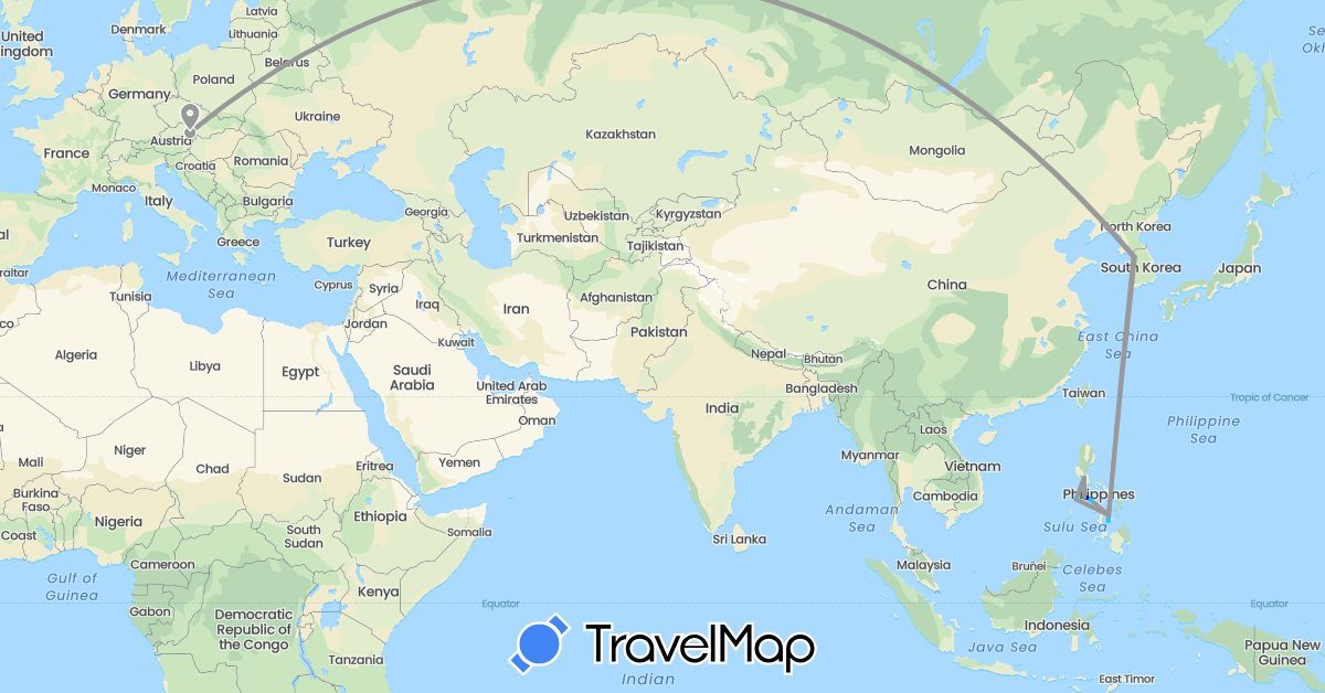 TravelMap itinerary: driving, plane, boat in Austria, South Korea, Philippines (Asia, Europe)